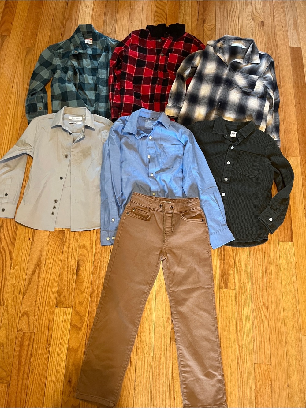 Mixed Tops & Brown Pants Bundle - Blue, Red, Black, Green Plaids